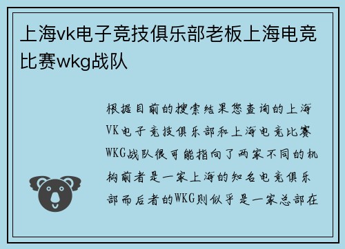 上海vk电子竞技俱乐部老板上海电竞比赛wkg战队